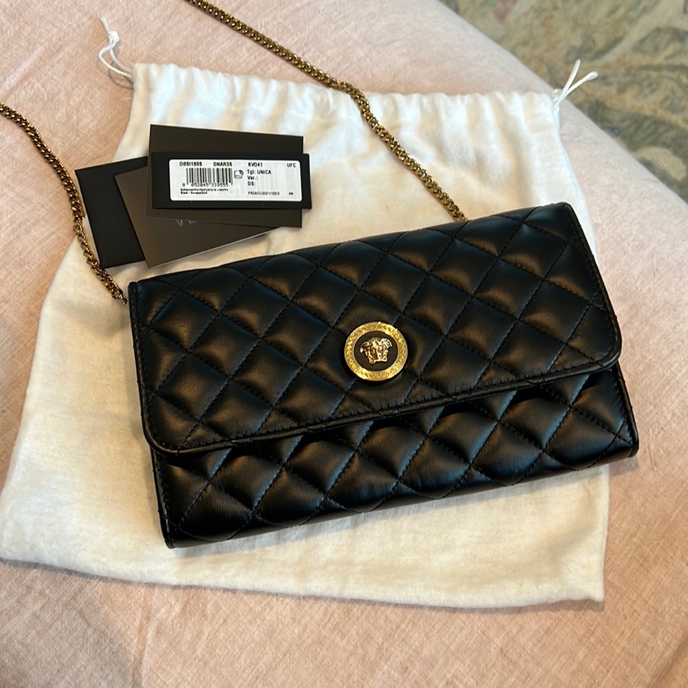 Versace Nappa Quilted Medusa Wallet on Chain Crossbody Black